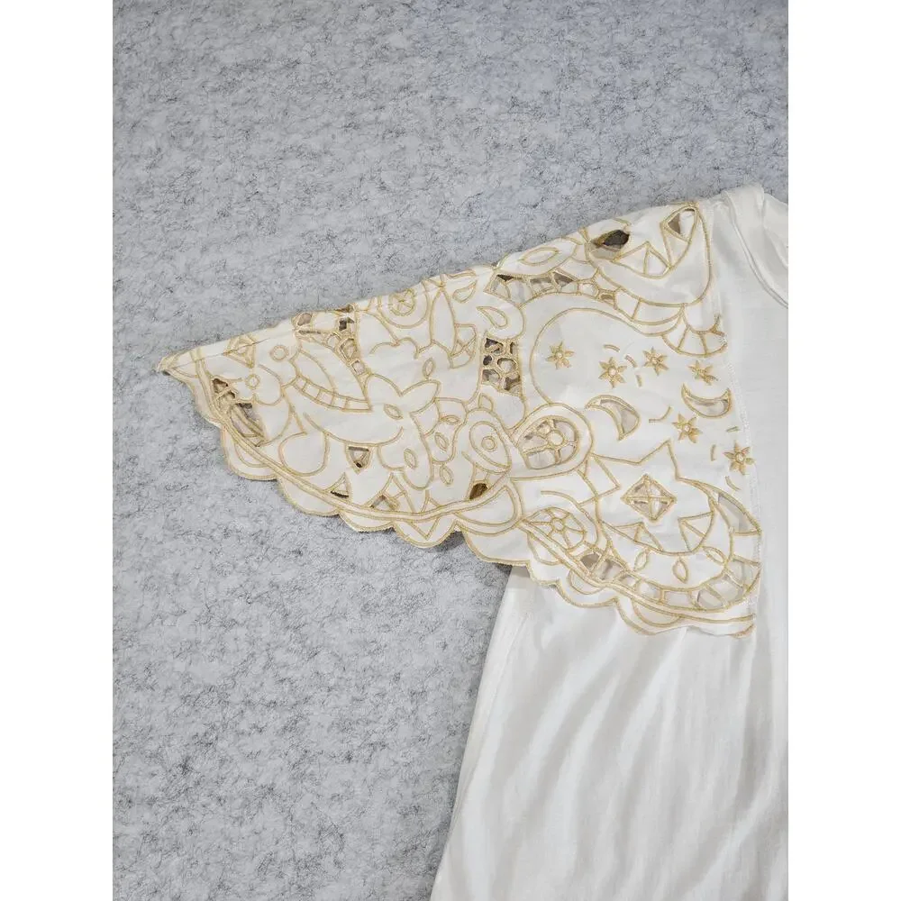 Free People Angel Tee in Ivory, Embroidered Flutter Angelic Sleeves, Sz S, NEW